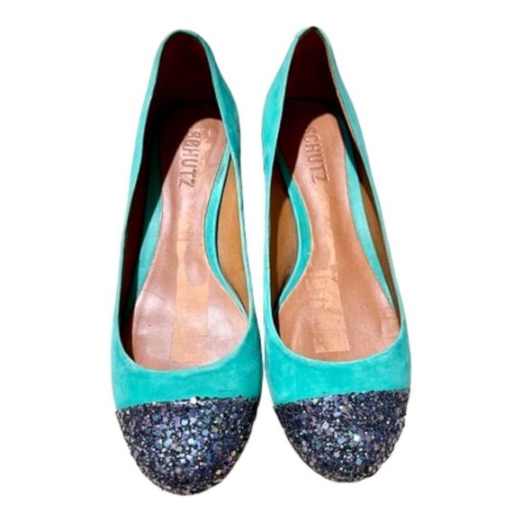 Schutz Teal Suede Cap Toe Heels with glitter Size 7 - Picture 6 of 8